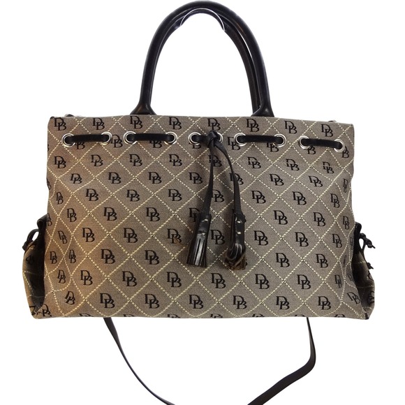 Dooney & Bourke Handbags - Dooney & Bourke Signature Jacquard Tassel Monogram Canvas‎ Leather Trim Tote Bag